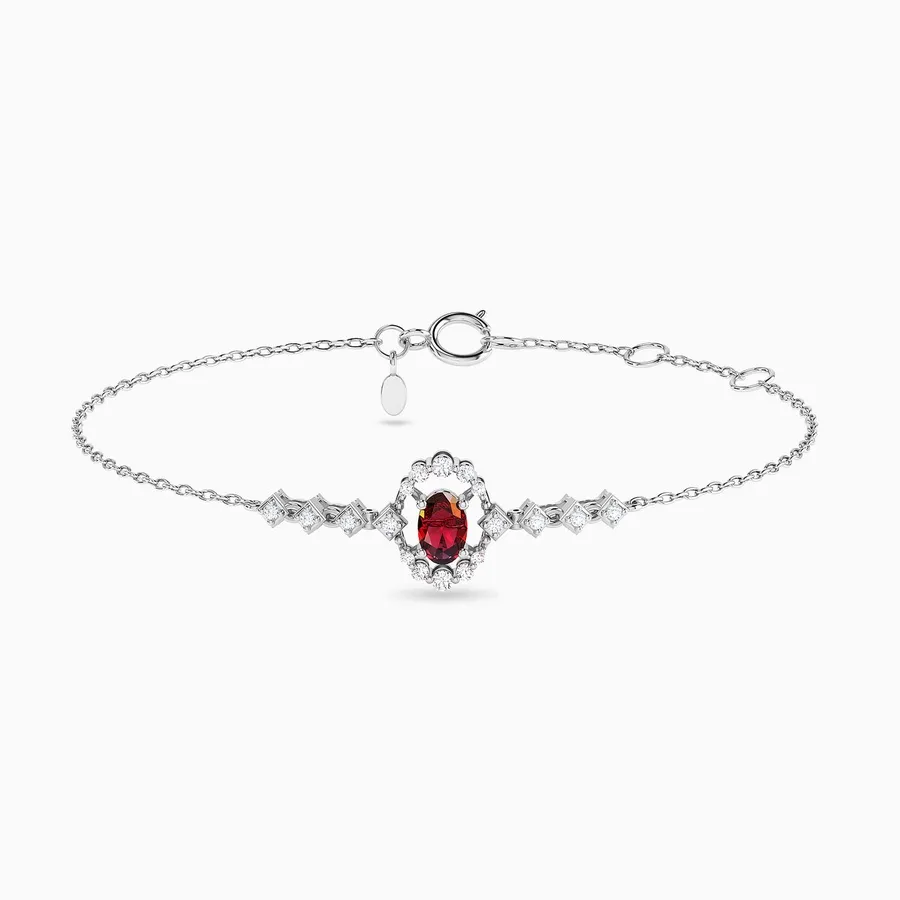 Lozenge Frames & Oval Red Stone & Diamond Chain Bracelet in 18K Gold