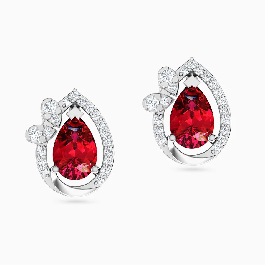 Pear Diamond & Red Stone Stud Earrings in 18K Gold