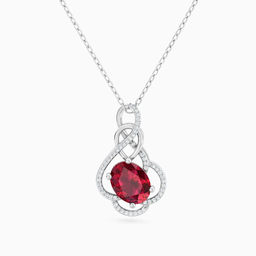 Oval Diamond & Red Stone Necklace in 18K Gold